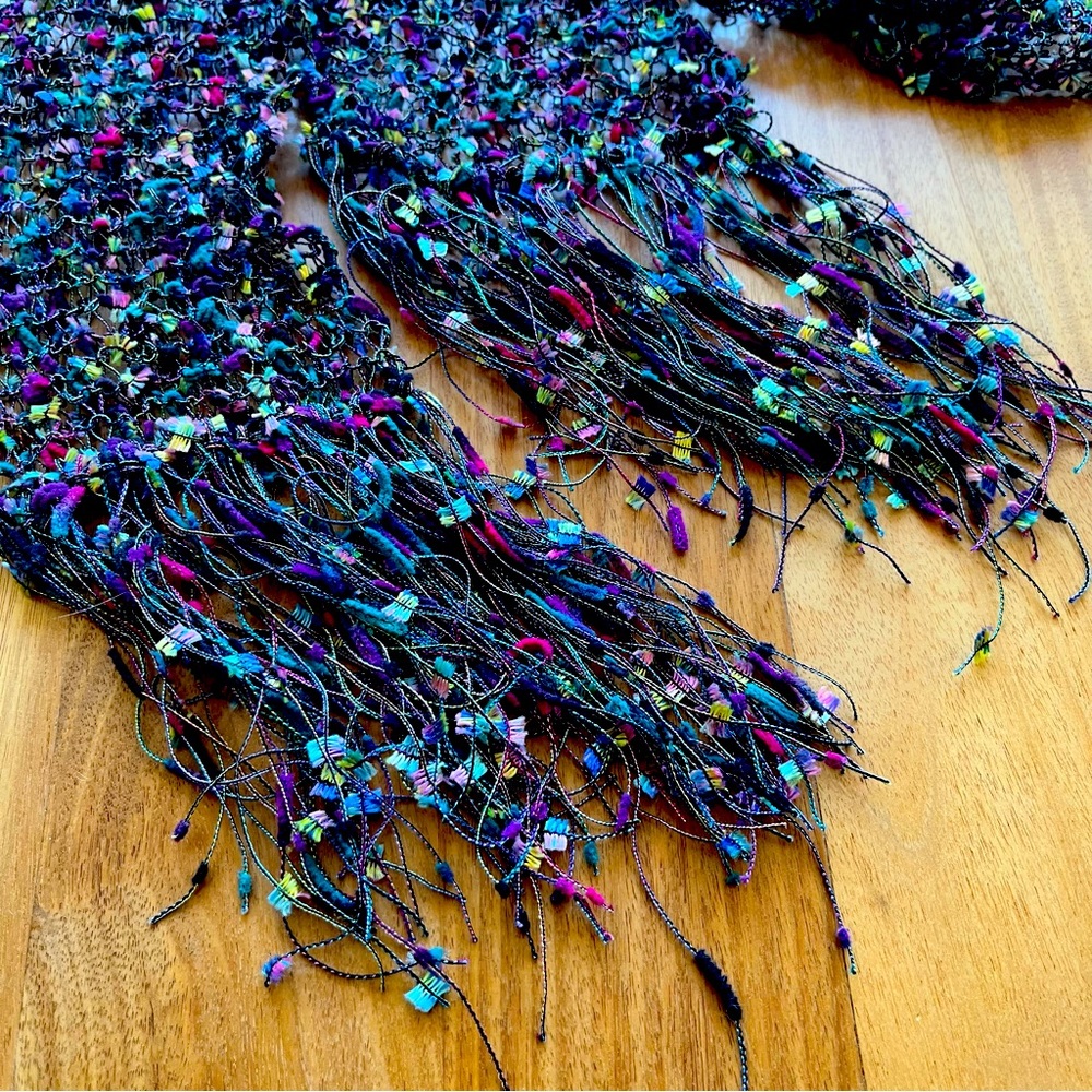 OOAK handmade crochet long stretch decorative scarf, teal purple pink iridescent